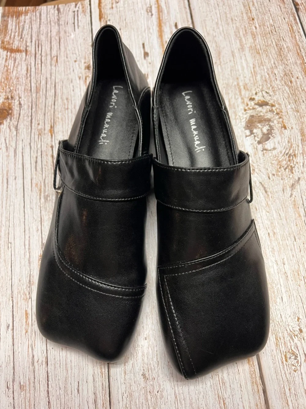 Black Square-Toe Slip-On Leather Loafers - Picture 2 of 8
